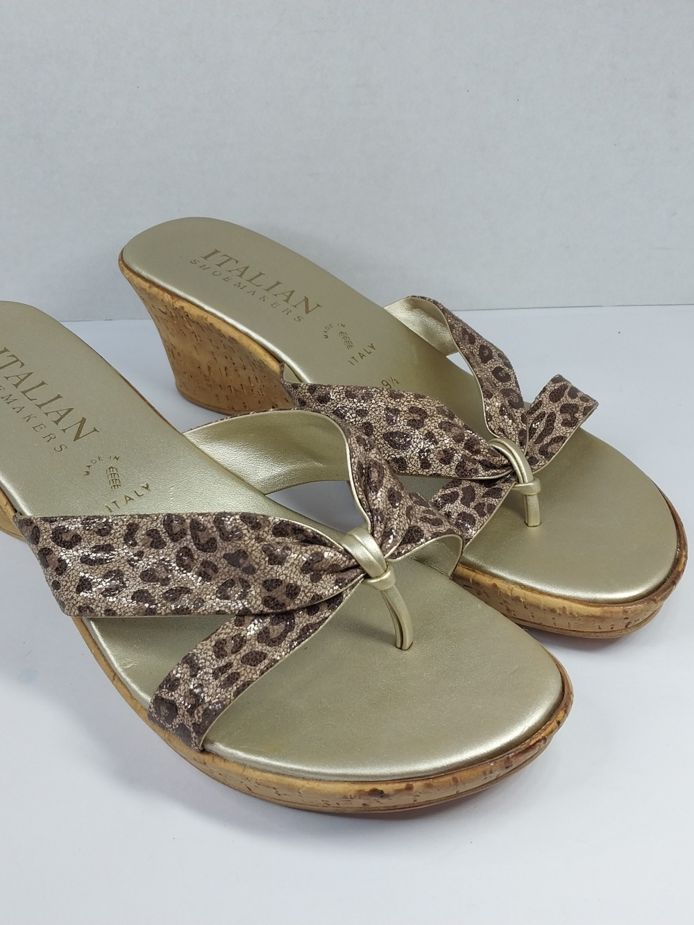 Italian Shoemakers Metallic Gold Wedge Sandals with Leopard Bow